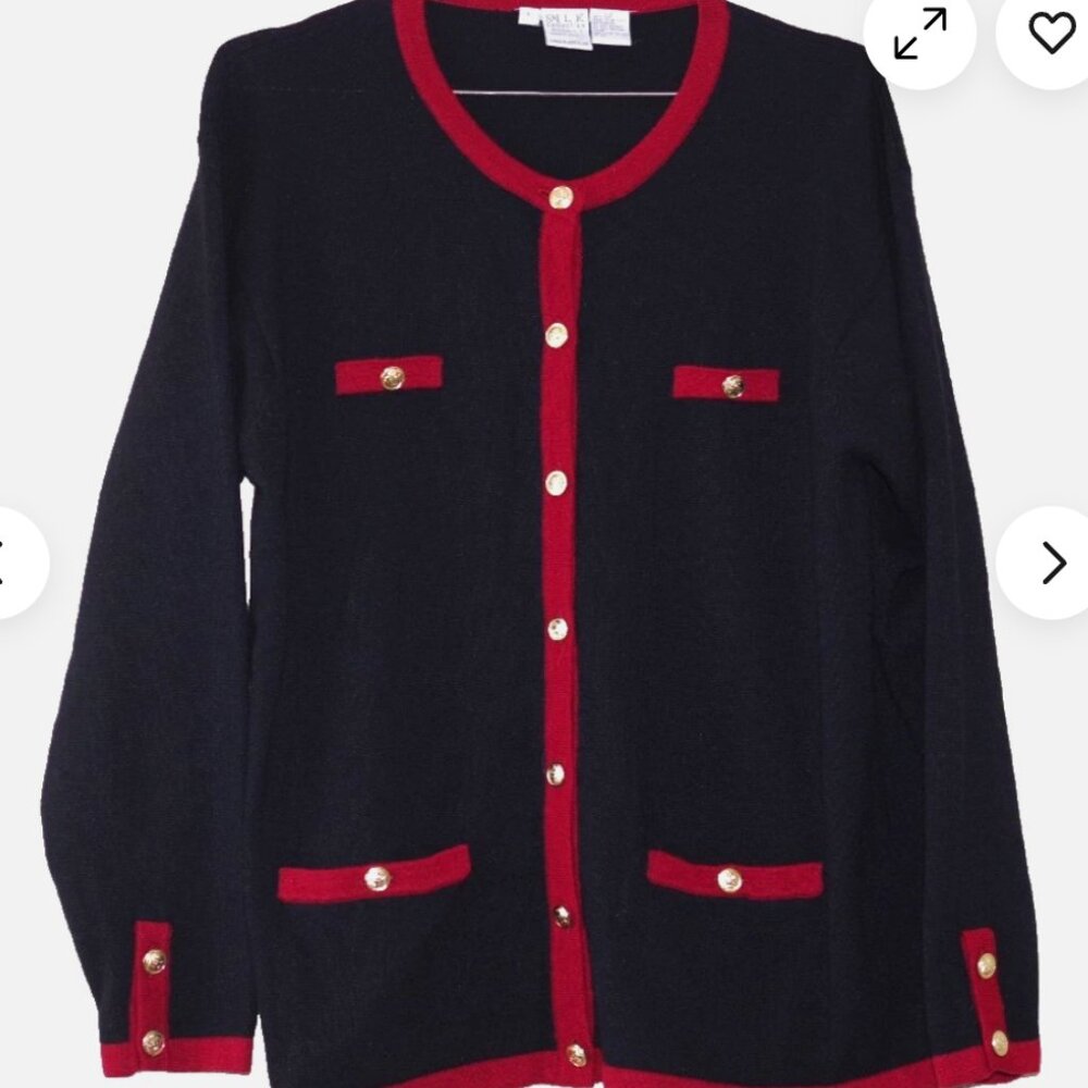 Silk collection Silk Wool Blend Black Red Trim Gold Button sweater vintage L